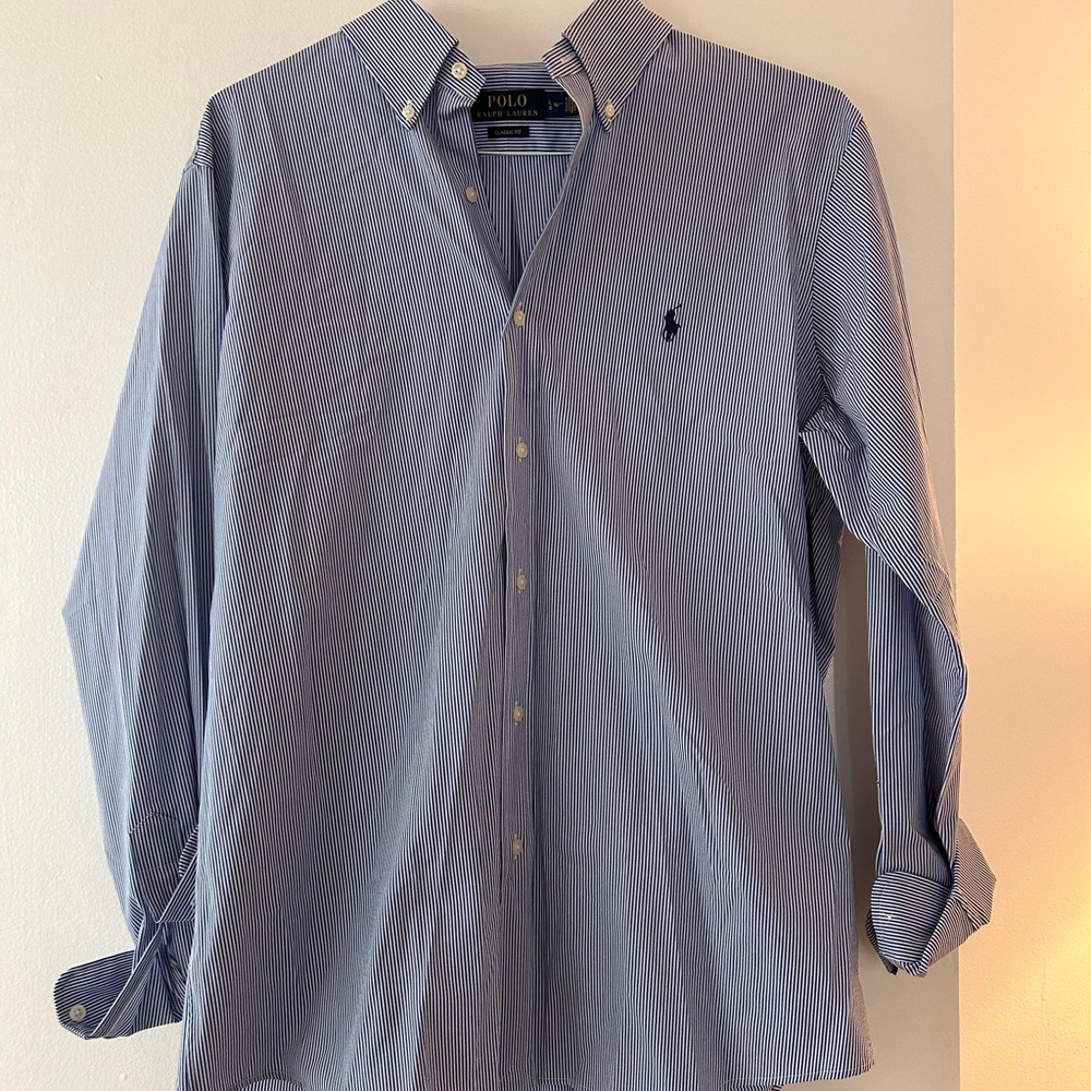 Ralph Lauren Polo blue and white stripe button down, size large, LIKE NEW